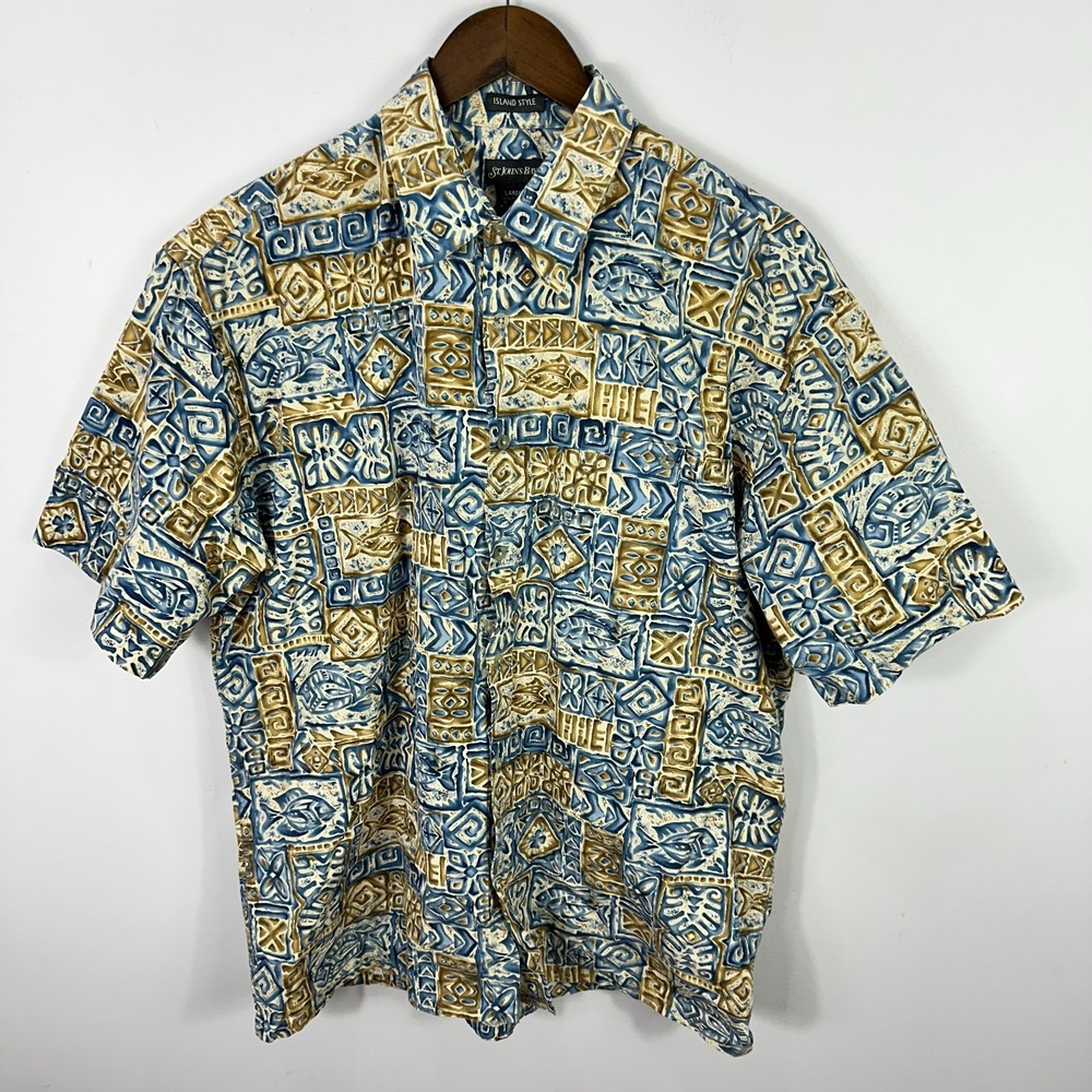 St John's Bay Hawaiian Shirt Men L Blue Island Style Aloha Surf Coastal Resort